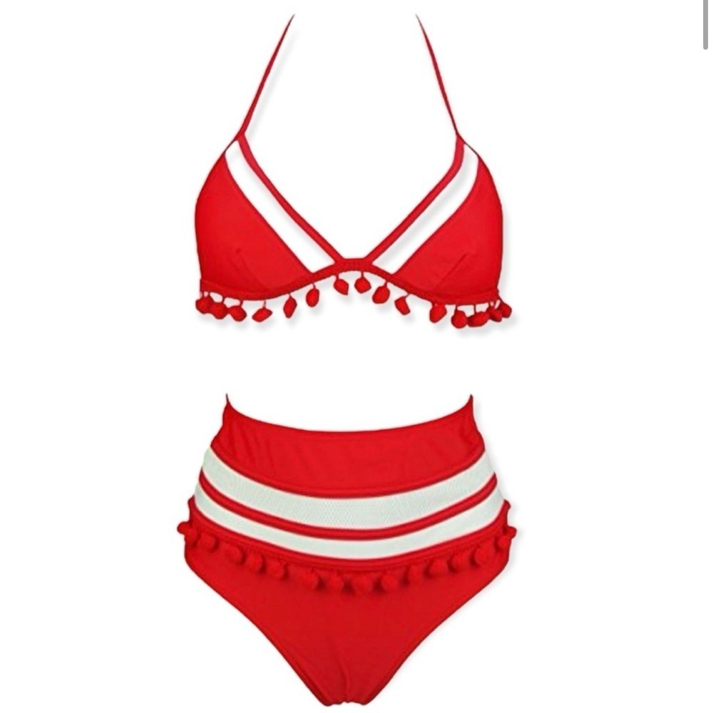 Coco ship Red pom‎ Pom Bikini Set size 4 with mesh woman’s swim suit